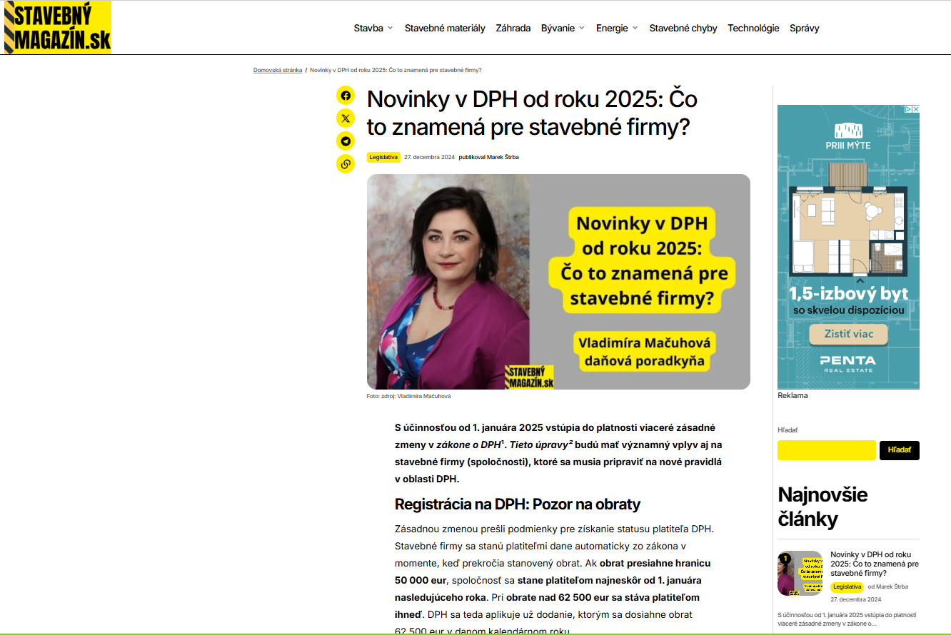 Článok na Stavebnom Magazíne: DPH od roku 2025 pre stavebné firmy